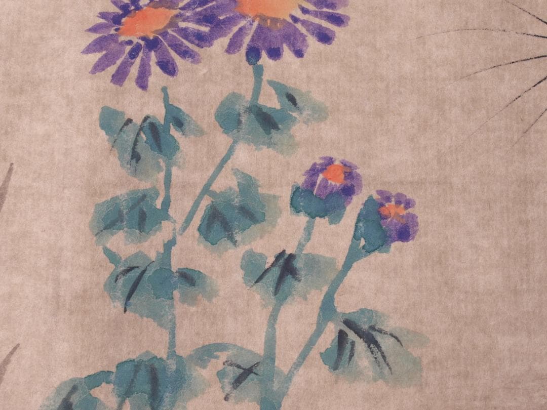 骨董市掘り出し　中国朱春茂作犬図　書道巨匠　肉筆水彩絵掛け軸 R1731C6-3