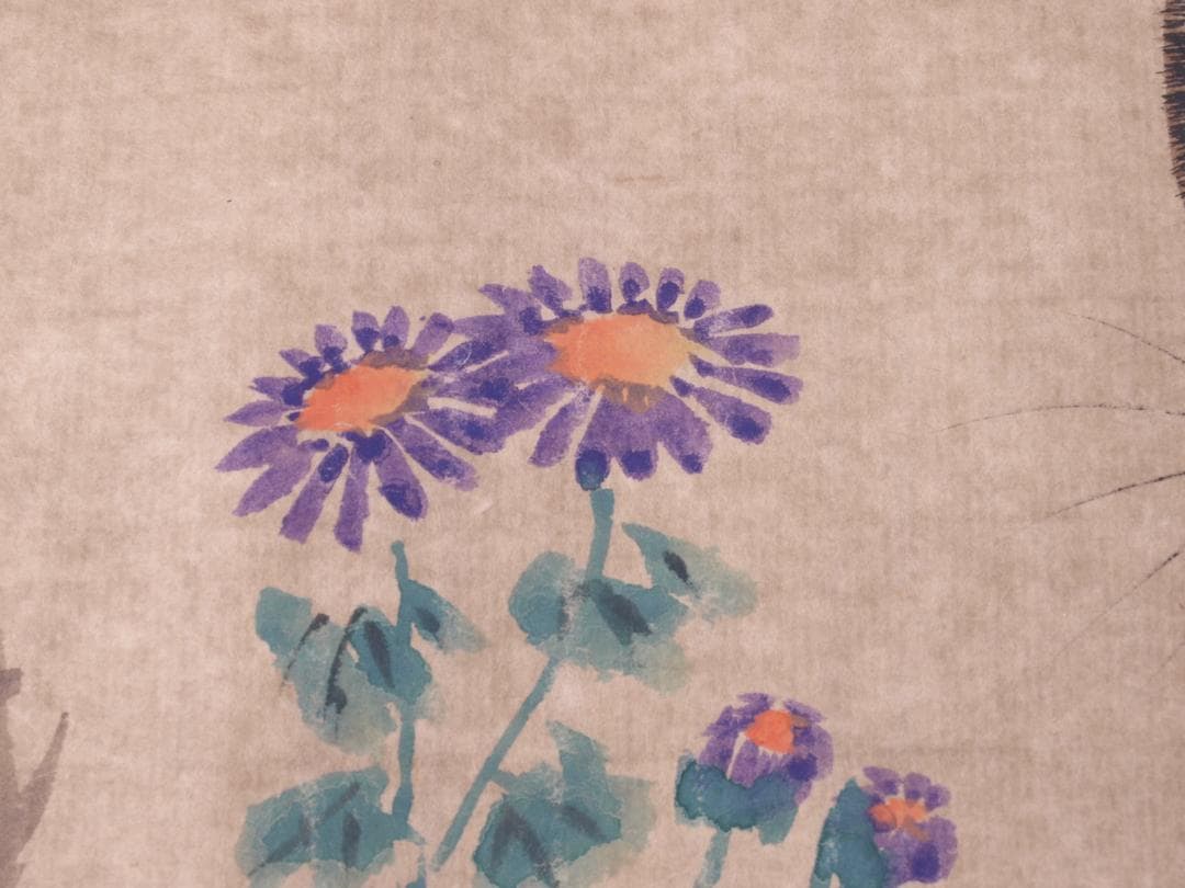 骨董市掘り出し　中国朱春茂作犬図　書道巨匠　肉筆水彩絵掛け軸 R1731C6-3