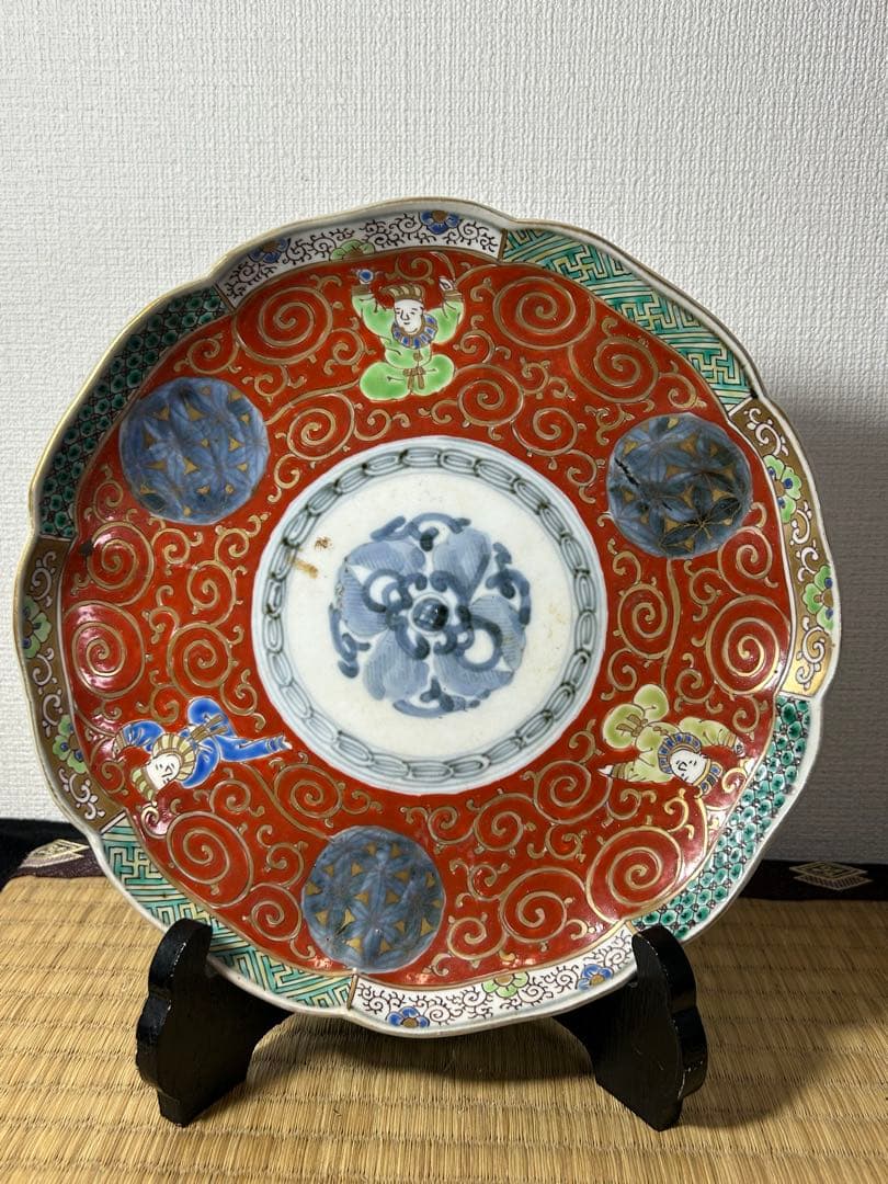 古伊万里色絵七寸皿　4枚 唐子　唐草図　明治時代初期