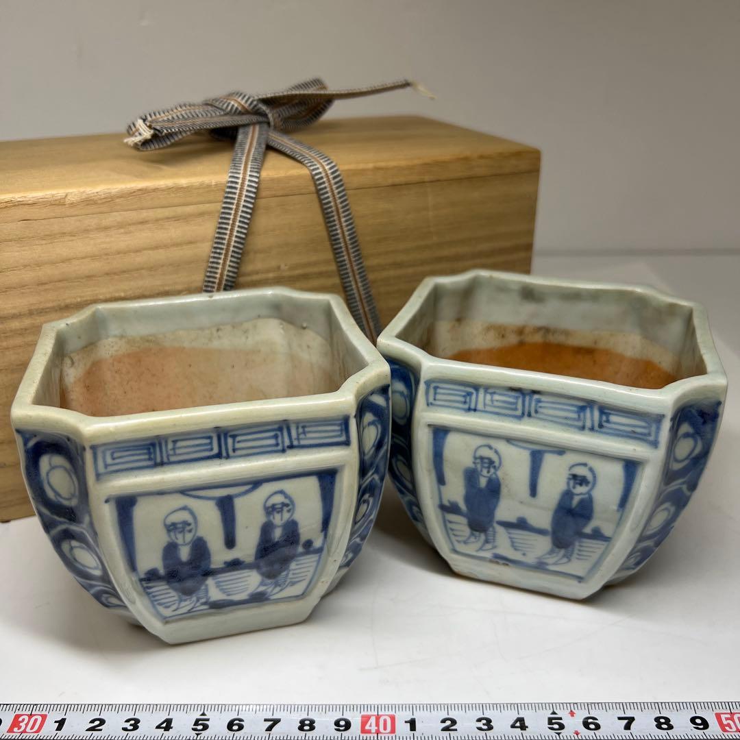 古伊万里　染付角火入一対　木箱付　幅約10㎝　東Y7-0620④タトチ