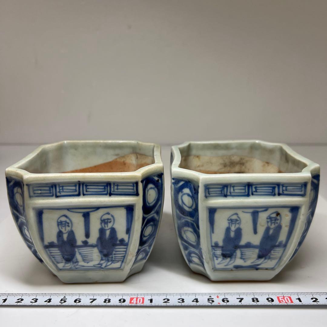 古伊万里　染付角火入一対　木箱付　幅約10㎝　東Y7-0620④タトチ