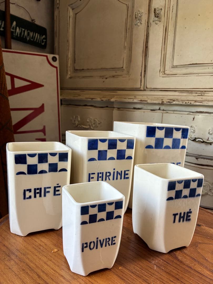 FJアンティーク 陶器　キャニスター　ブルー　市松　バドンヴィレー　レア