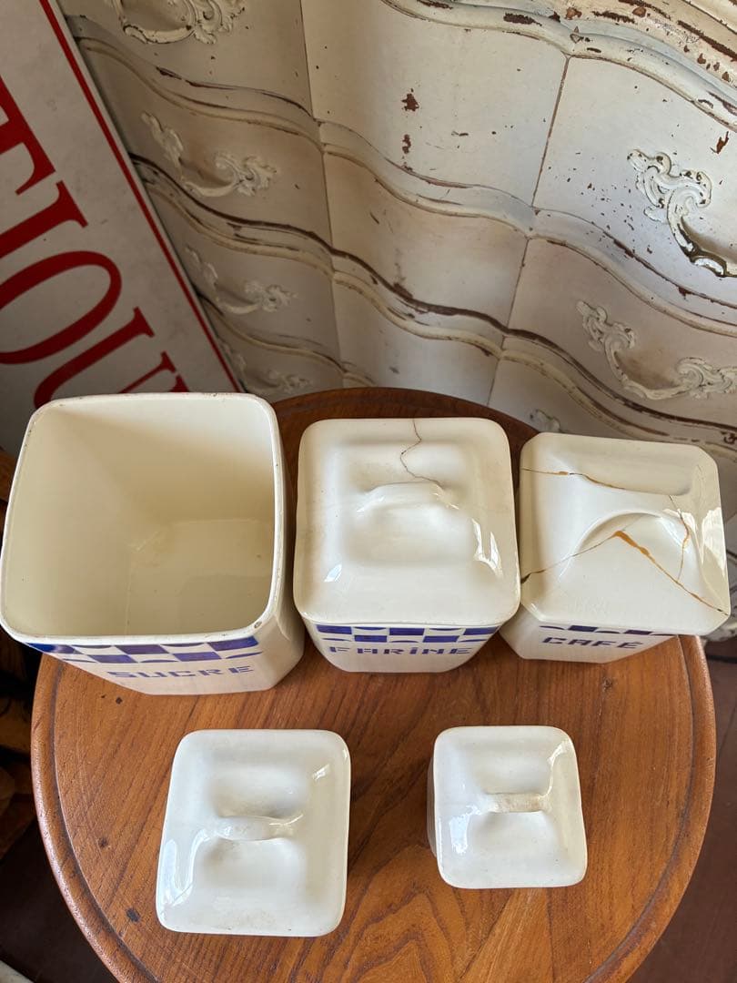 FJアンティーク 陶器　キャニスター　ブルー　市松　バドンヴィレー　レア