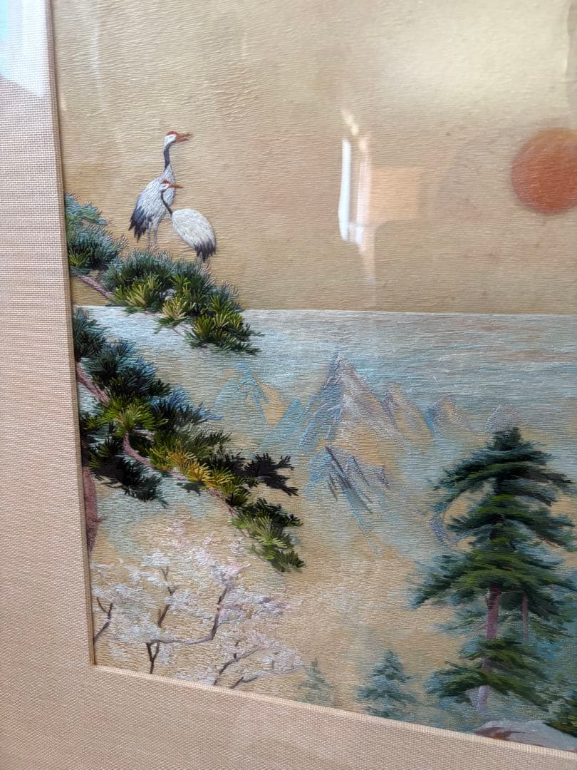 北朝鮮作家　刺繍絵　風景画　額縁付