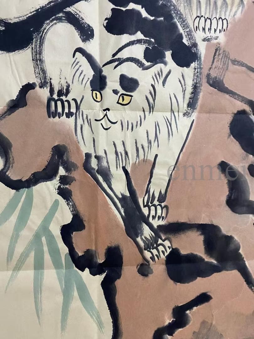 中国古美術 徐悲鴻款 雙猫図三尺画芯 肉筆手描き 動物画 宣紙画芯 証書付 文房