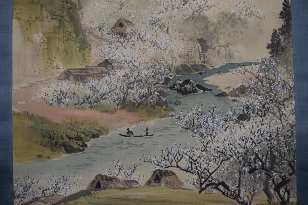 【真作】服部石仙/梅花山村図/春景山水小舟図/掛軸☆宝船☆Z-453