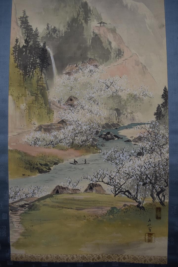 【真作】服部石仙/梅花山村図/春景山水小舟図/掛軸☆宝船☆Z-453