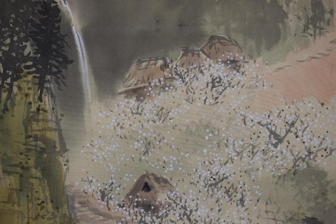 【真作】服部石仙/梅花山村図/春景山水小舟図/掛軸☆宝船☆Z-453