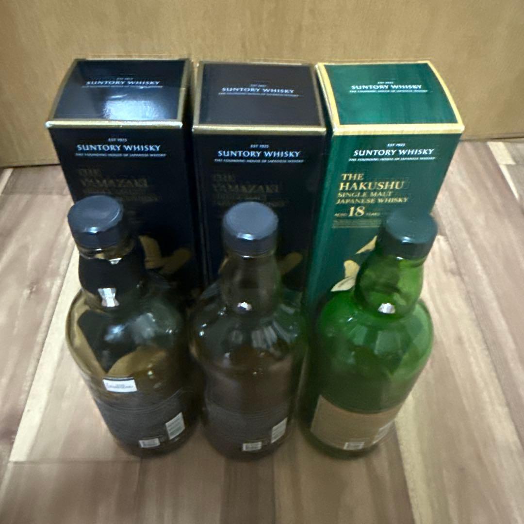 山崎18年 空瓶2本 空箱2本，サントリー白州18年 空瓶1本 箱付