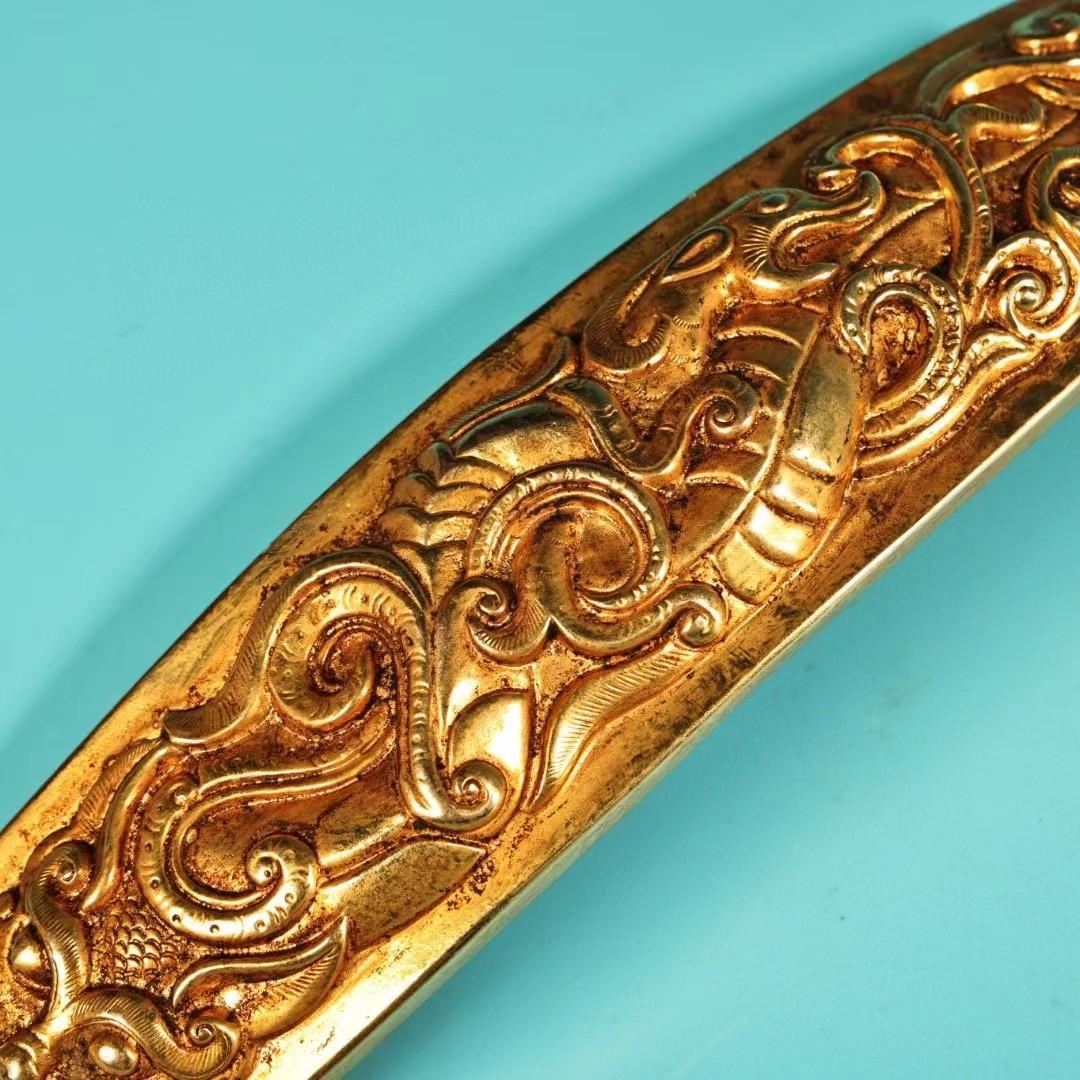 中国古美術・旧蔵龍紋如意腰帯留め・鏨刻鎏金・純銅细密彫・純手作り・高浮彫り・根付