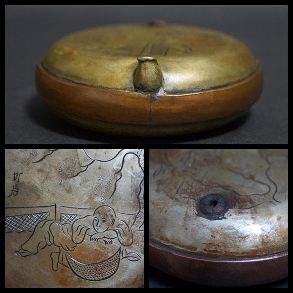 清 古銅製 栄寶款竹岩刻『人物風景図』金工細工水滴 水注 書道具 古董 文法四宝