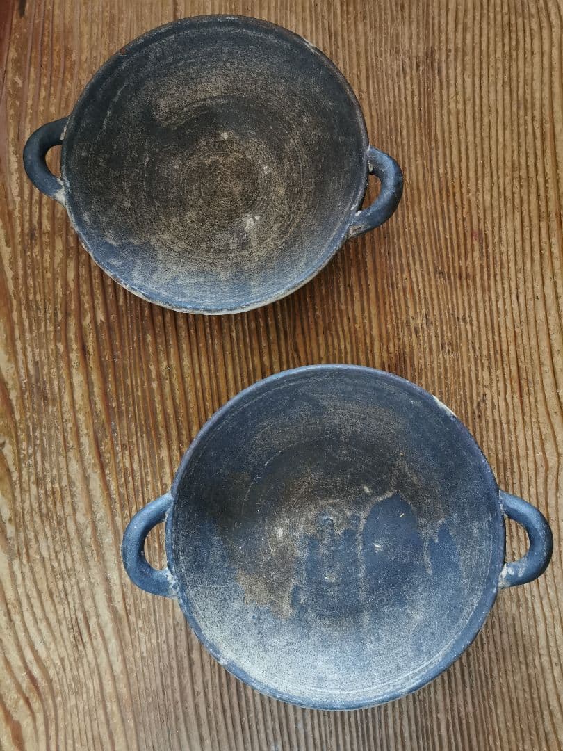 作家物 ギャラリー 個展購入 耳付き墨黒深皿 ワンプレート 2枚ペアセット