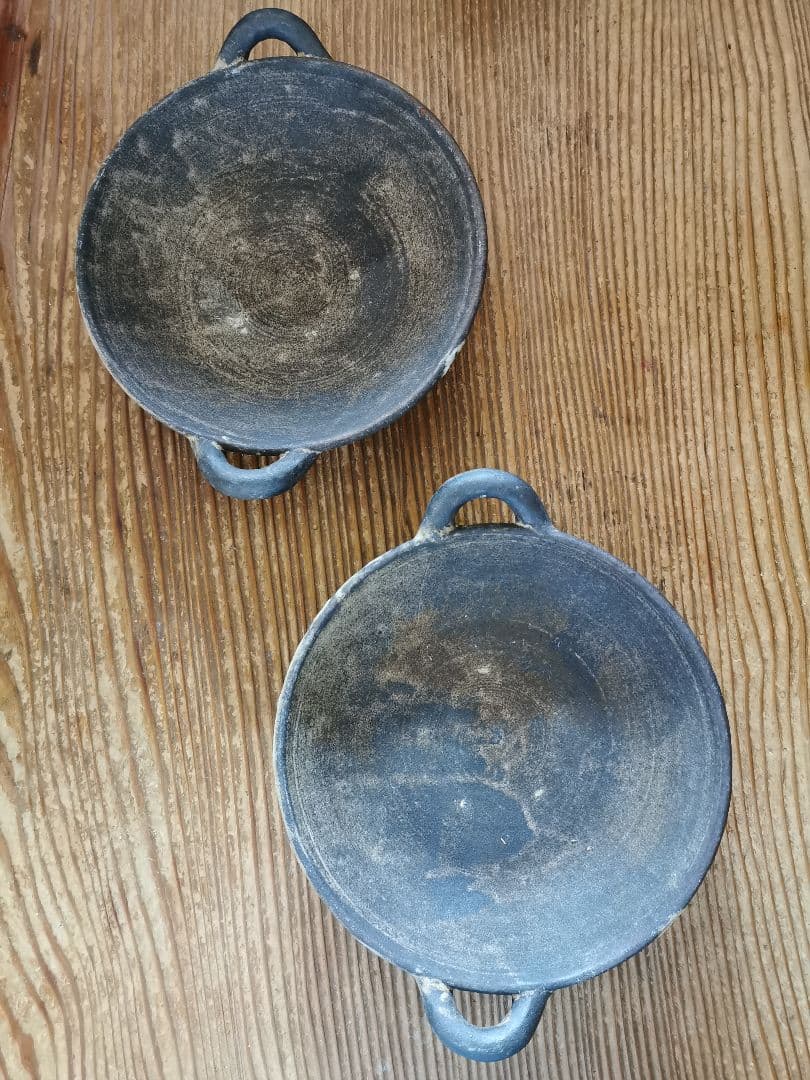 作家物 ギャラリー 個展購入 耳付き墨黒深皿 ワンプレート 2枚ペアセット