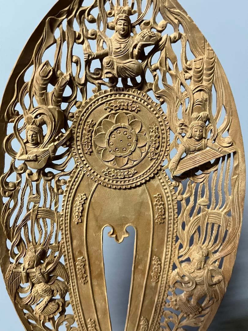 仏像　総白檀　仏像　木彫　舟立阿弥陀　六角台座ケマン付　飛天光背　金泥書　16