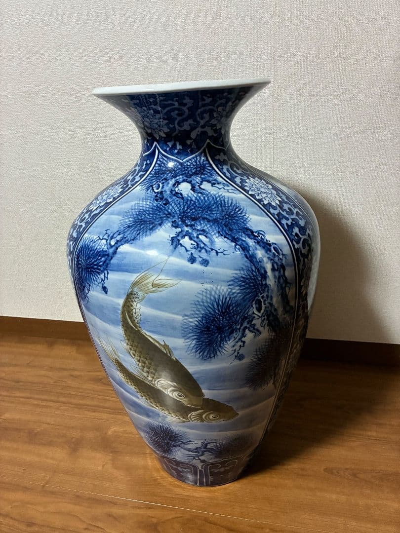 青白陶器花瓶 鶴 鷹 鯉