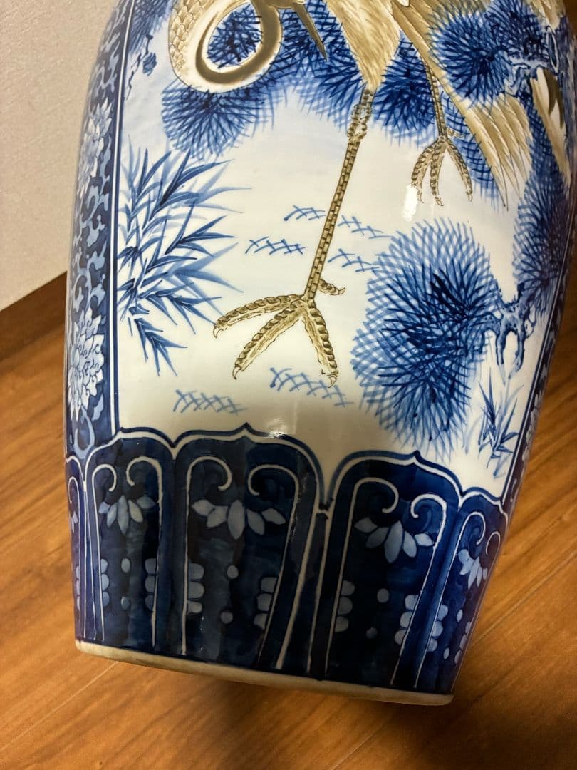 青白陶器花瓶 鶴 鷹 鯉