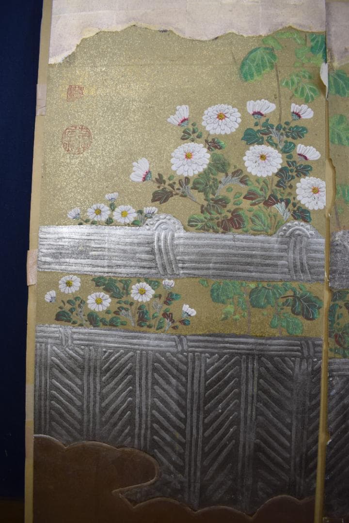 【模写】伊藤若冲/菊図/屏風ハガシ/二曲用マクリ/掛軸☆宝船☆Z-367