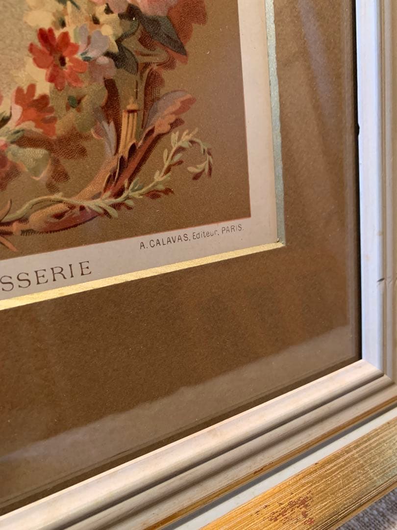 フランス製　アンティーク　1890年の装飾図案集色刷石版額装！花柄ロマンチック！