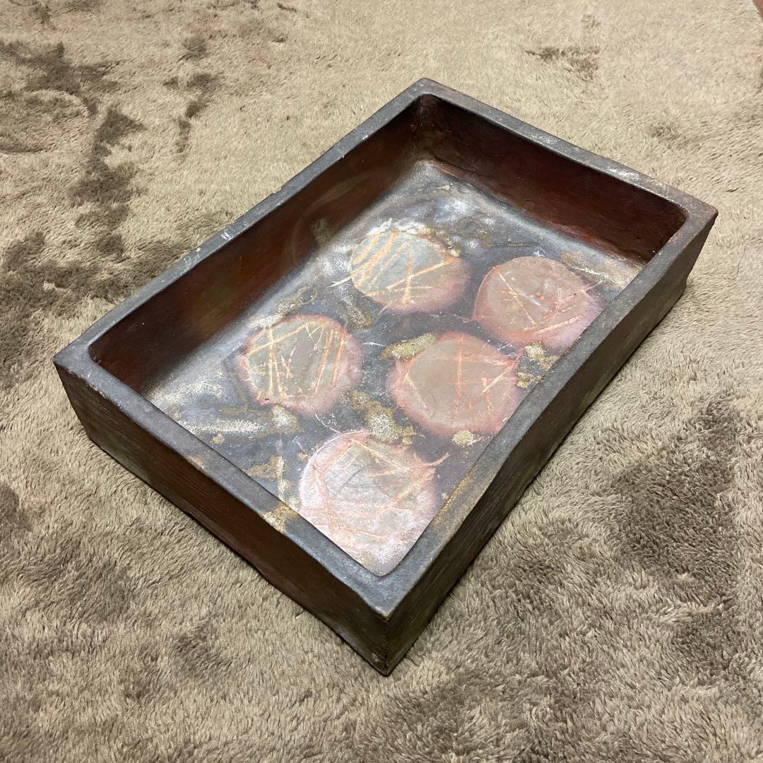 備前焼　大型　水盤　花器　角鉢　華道　生花　34.5センチ