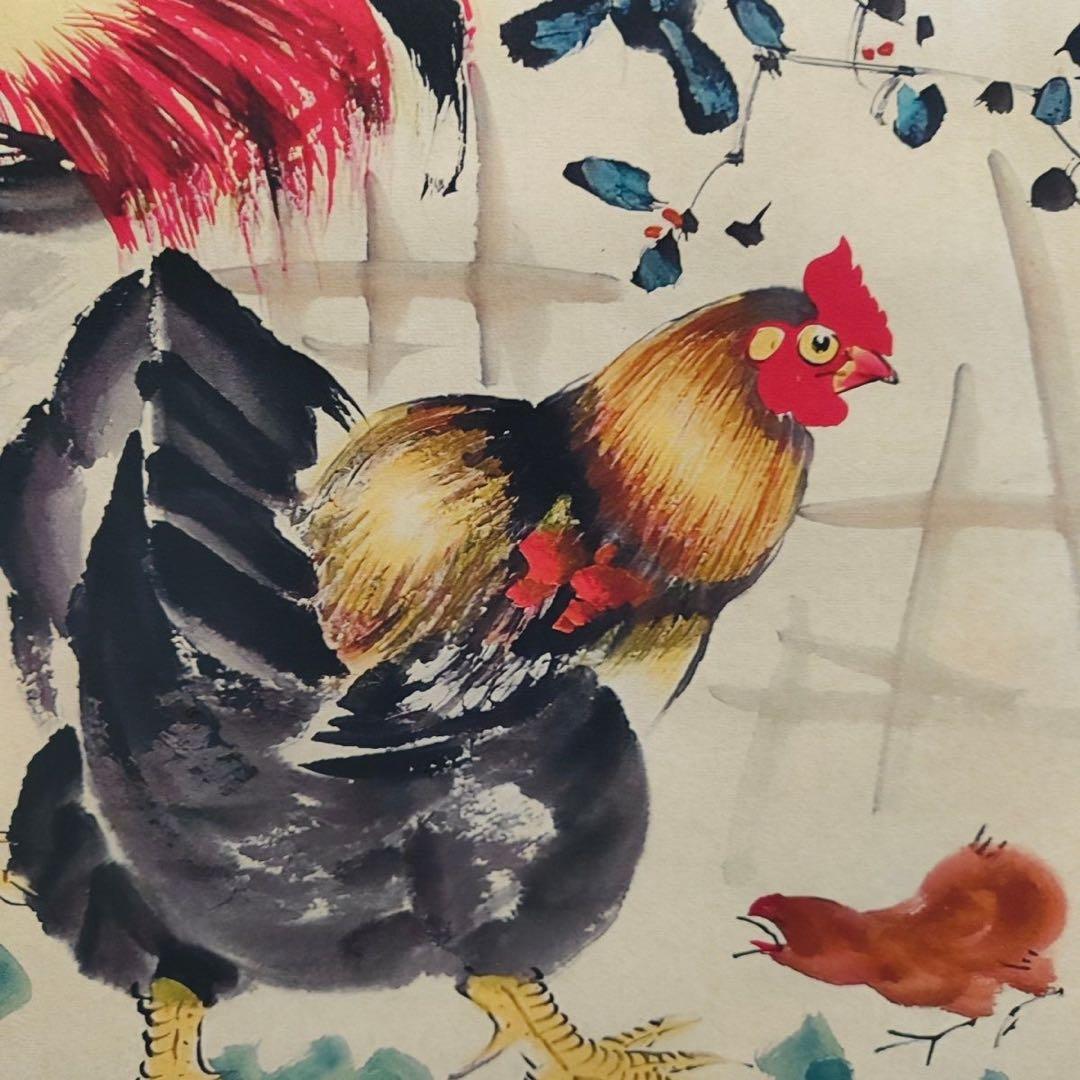中国画 颜伯龙 石榴鶏図 四尺中堂 掛け軸／防偽仕様