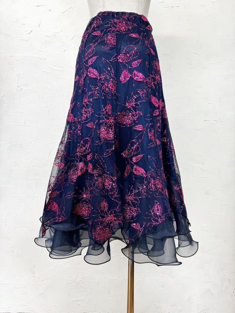 【花柄ラメ】社交ダンス用裾オーガンジー 　ロングフレアスカート紺ピンクｄ026