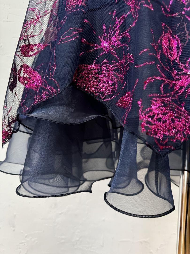 【花柄ラメ】社交ダンス用裾オーガンジー 　ロングフレアスカート紺ピンクｄ026