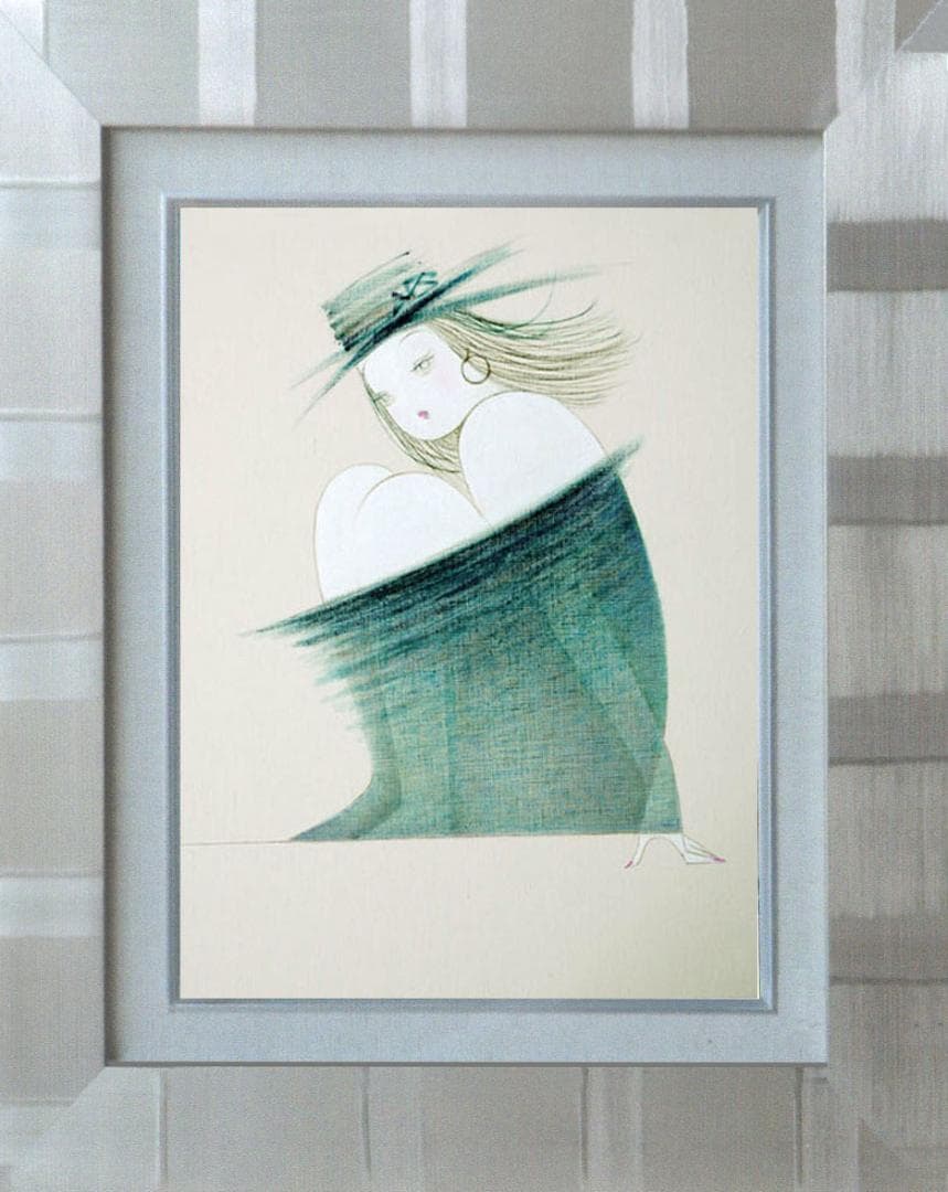 油絵 絵 絵画インテリア 額付(青緑＋金色の枠) F6-080114 人物 女性