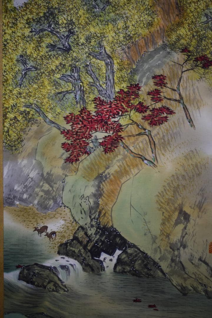 真作/田上修/(丹生）/秋渓双鹿図/桐共箱二重箱付/布袋屋掛軸HE-645