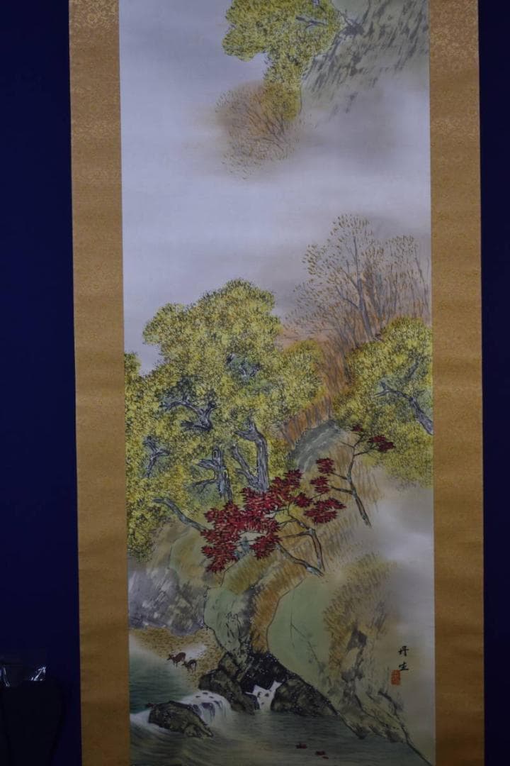 真作/田上修/(丹生）/秋渓双鹿図/桐共箱二重箱付/布袋屋掛軸HE-645