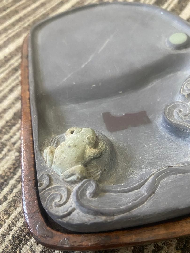 中国美術 端渓硯 斑点 石眼 硯 書道具 花鳥文 蛙　カエル　書道具 古硯 古玩