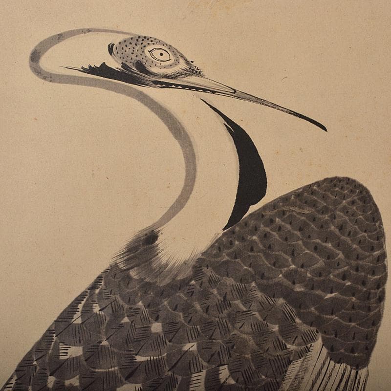 掛軸　伊藤若冲筆　水墨画　鶴図　紙本　二重箱　G　R7656B