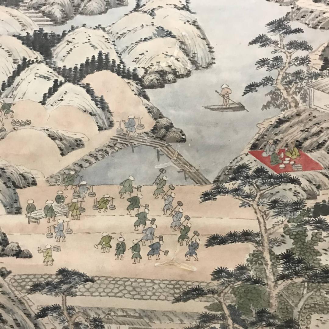 【真作】竹裏/宝山新池提普清中図/山水人物図/掛軸☆宝船☆AB-674