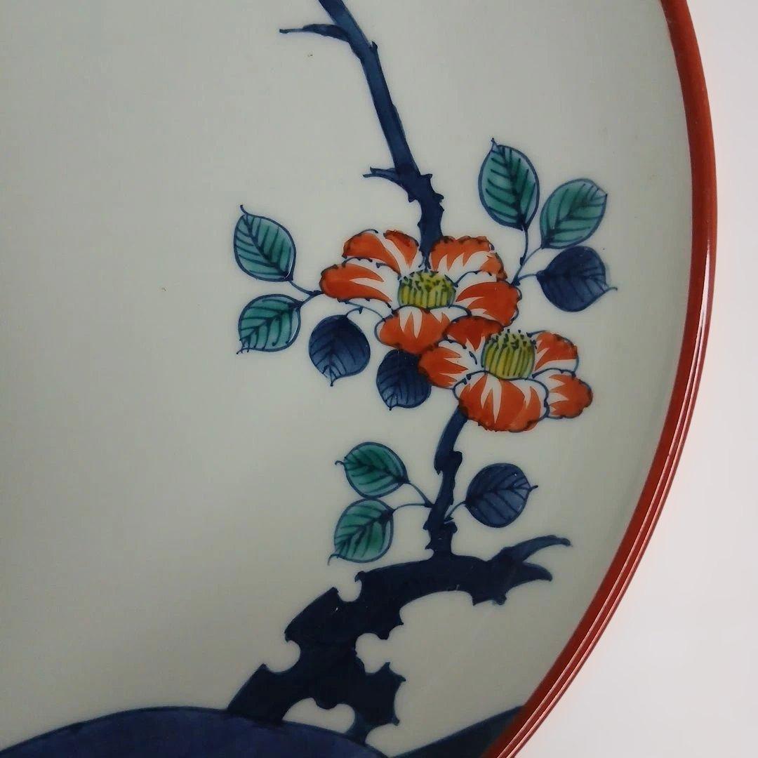 有田焼　(館林)喜助 作　『染錦椿盆栽　七寸深皿』　共箱付き