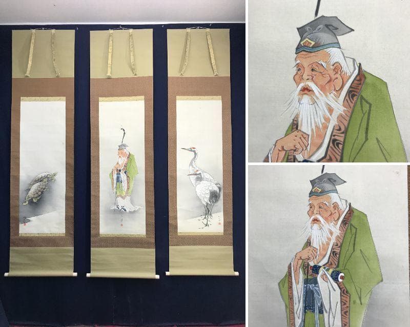 【真作】福留明光/寿老人亀鶴図/人物図/鶴亀図/掛軸/名家伝来/AD-15