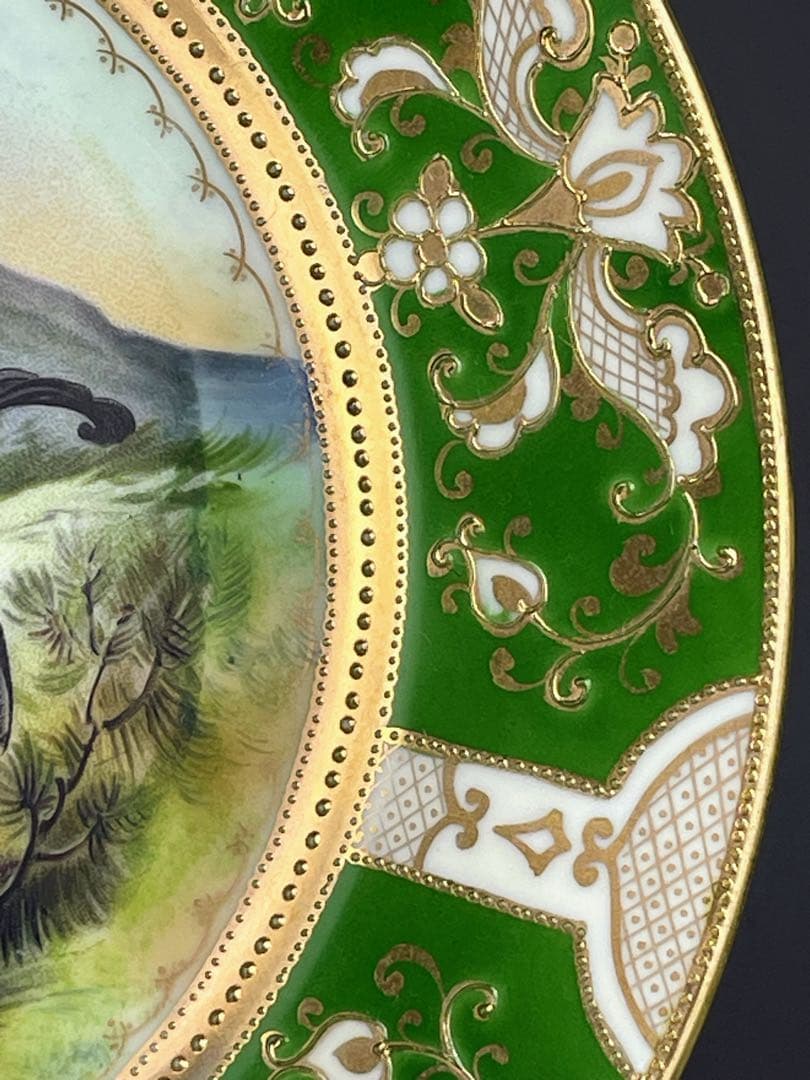 【美品】 オールドノリタケ ２１．９㎝ 黒雷鳥紋金盛り皿 ライチョウ 雉 キジ