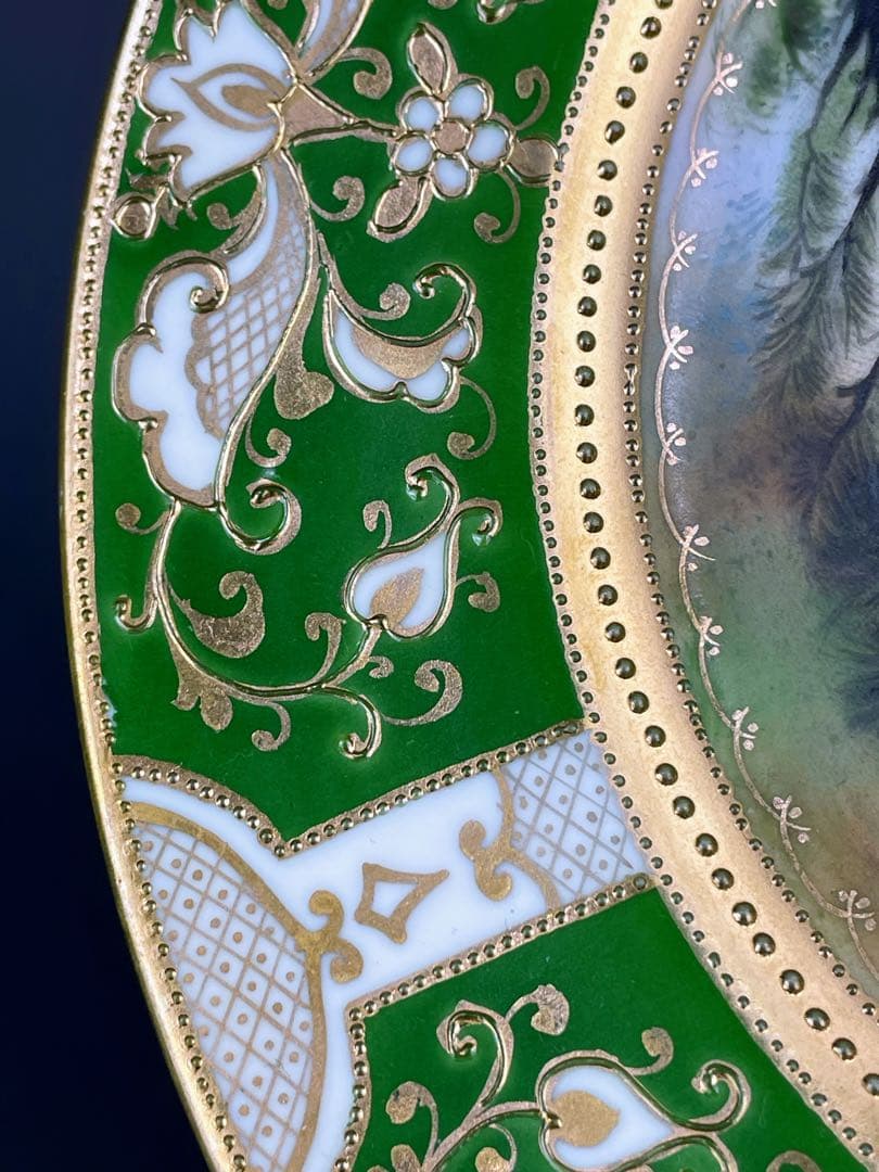 【美品】 オールドノリタケ ２１．９㎝ 黒雷鳥紋金盛り皿 ライチョウ 雉 キジ