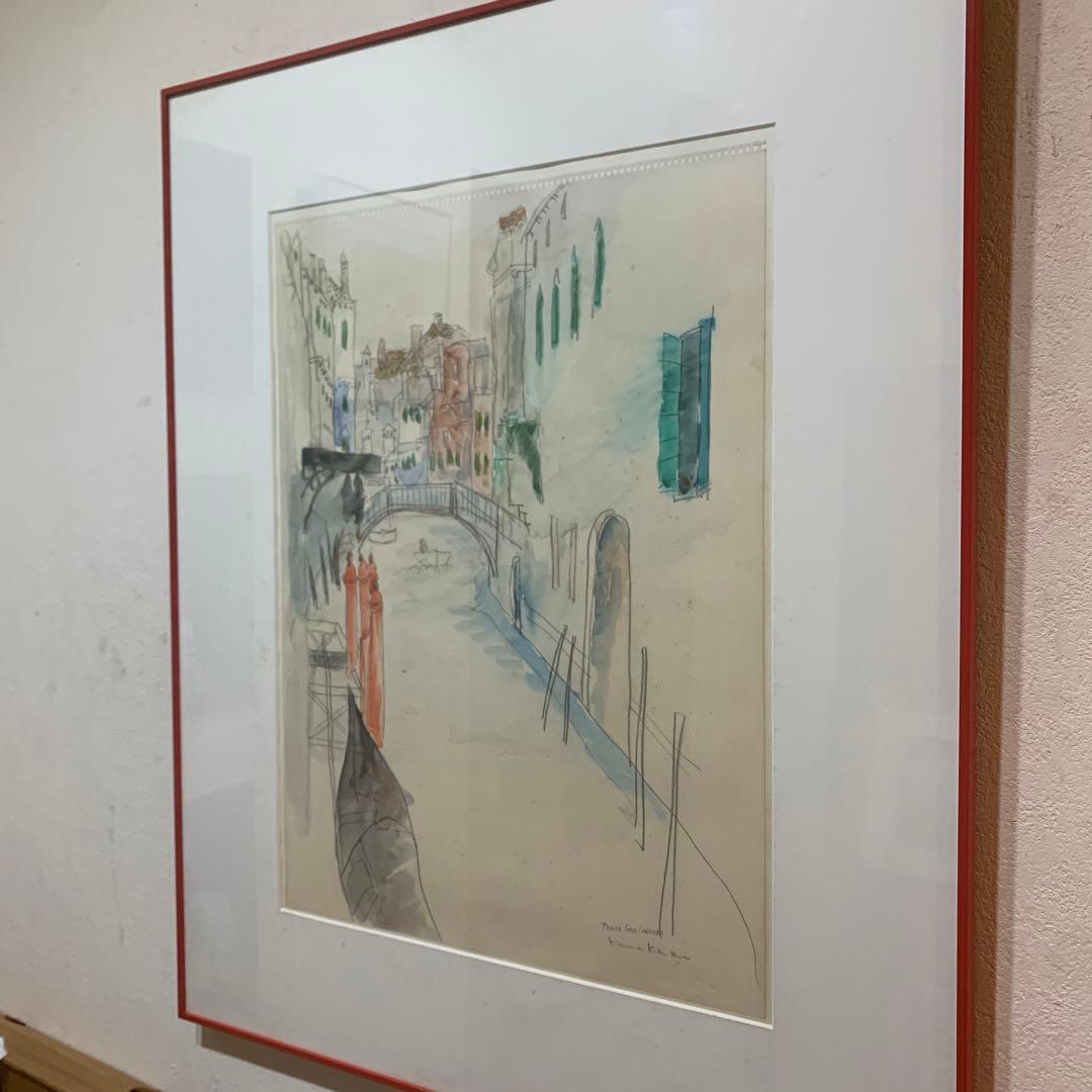 絵画　額装　水彩画肉筆　鎌苅登代子『ベネチア サンロレンツオ橋』1985年