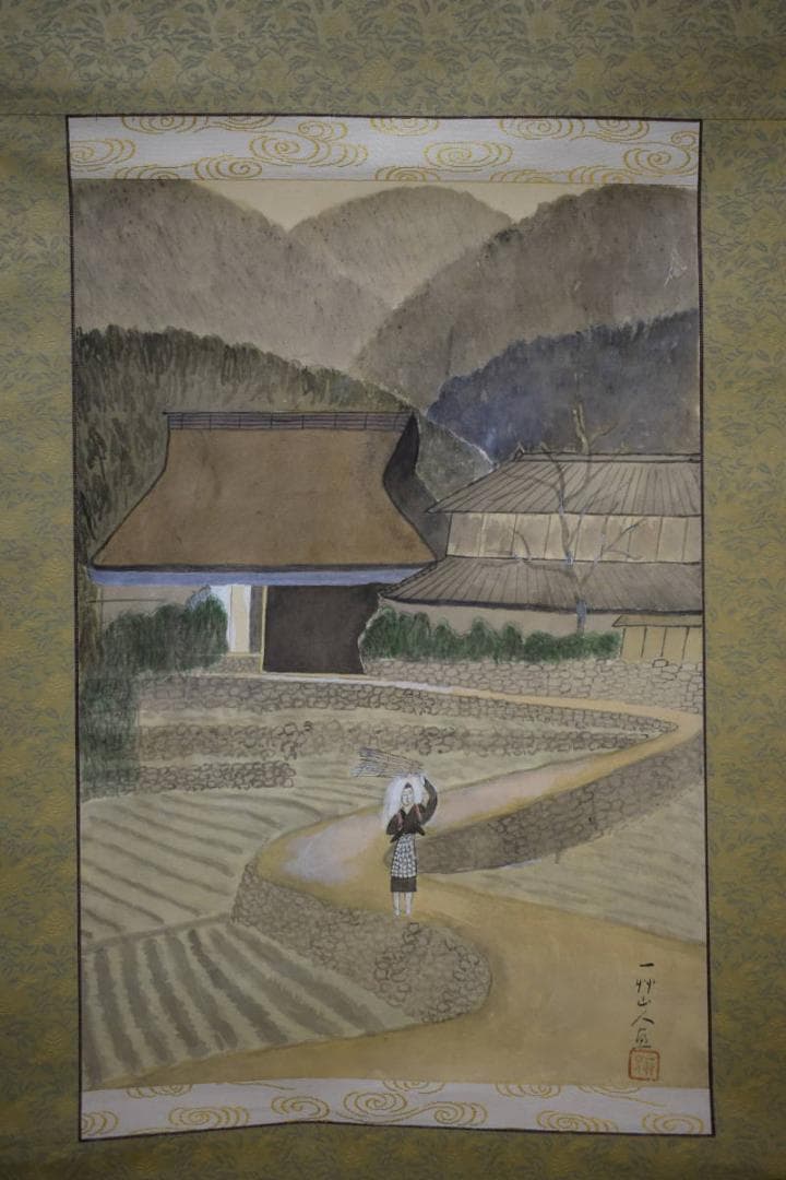 真作/一竹山人/山水/大原女図/農村夫人/布袋屋掛軸HJ-786