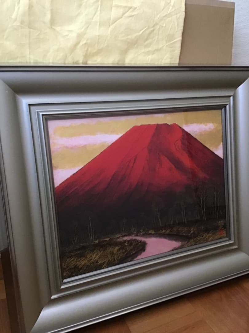 暁富士　桝田靖夫　日本画　6号　赤富士　風水