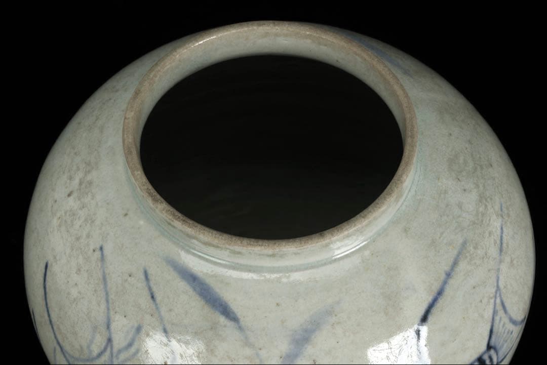 時代物 李朝 染付魚蟹海老文 壺 花瓶 箱付 白磁 青花 朝鮮古陶 唐物 骨董品