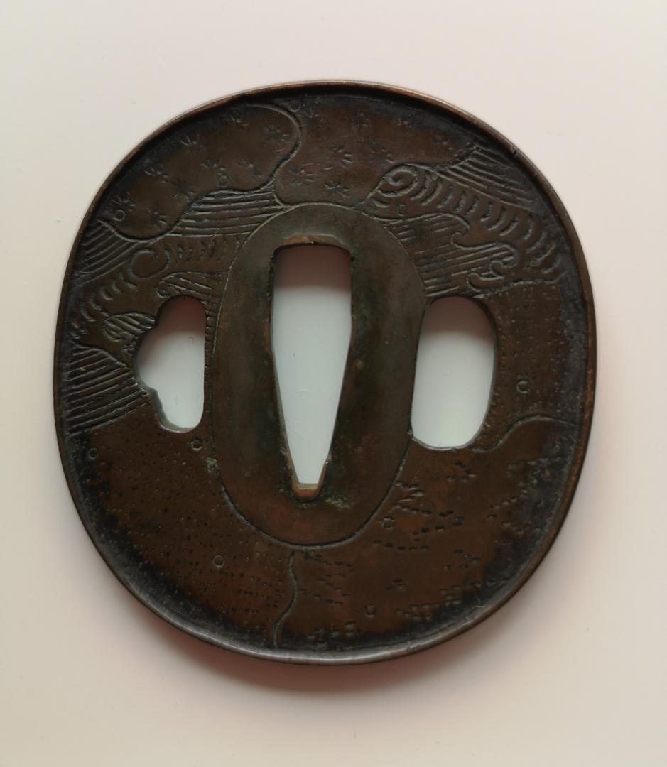 花弁型黒色鉄製刀の鍔3点セット