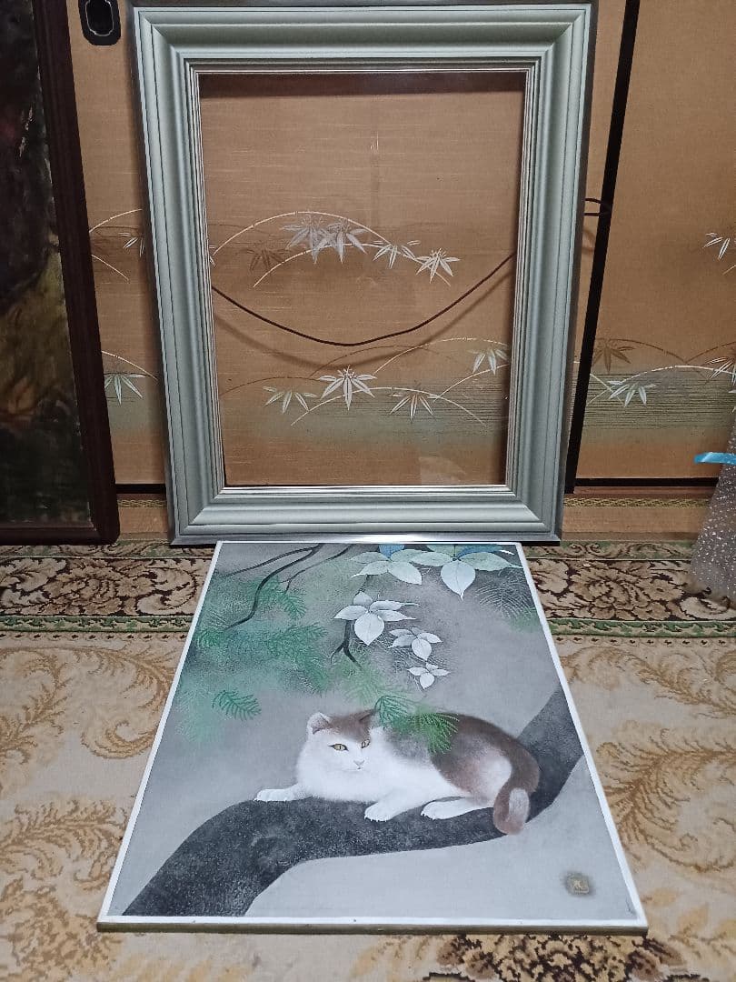 ◆　佐藤昌美(佐藤晨)「緑韻」日本画　猫　F10号　創画会会員　紺綬褒章　◆