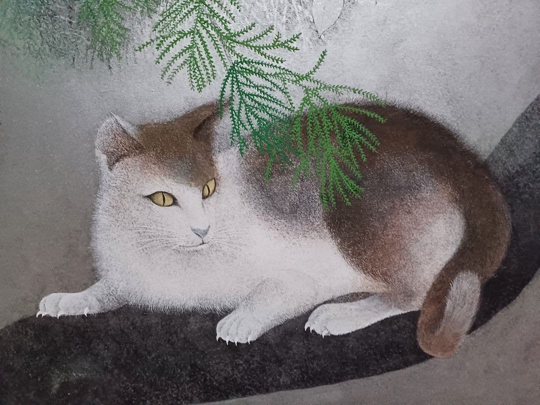 ◆　佐藤昌美(佐藤晨)「緑韻」日本画　猫　F10号　創画会会員　紺綬褒章　◆