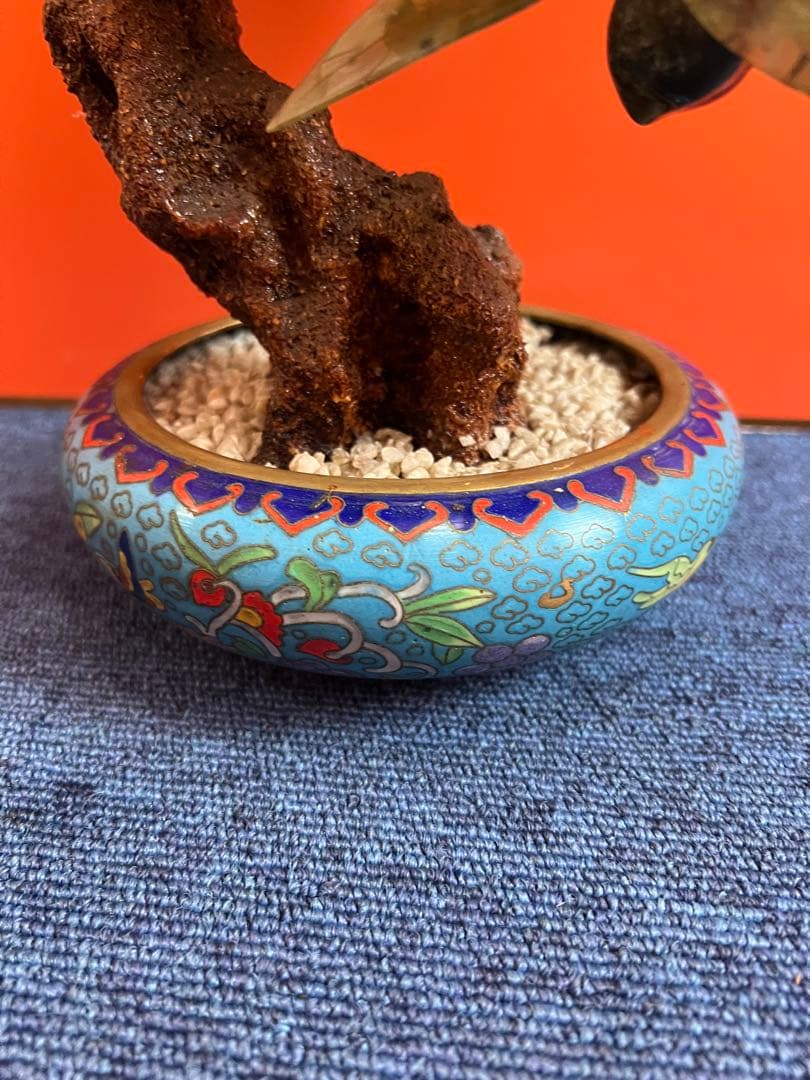 1184 中国美術　桃樹玉石　桃木玉石盆栽　景泰藍　石細工彫刻　置物