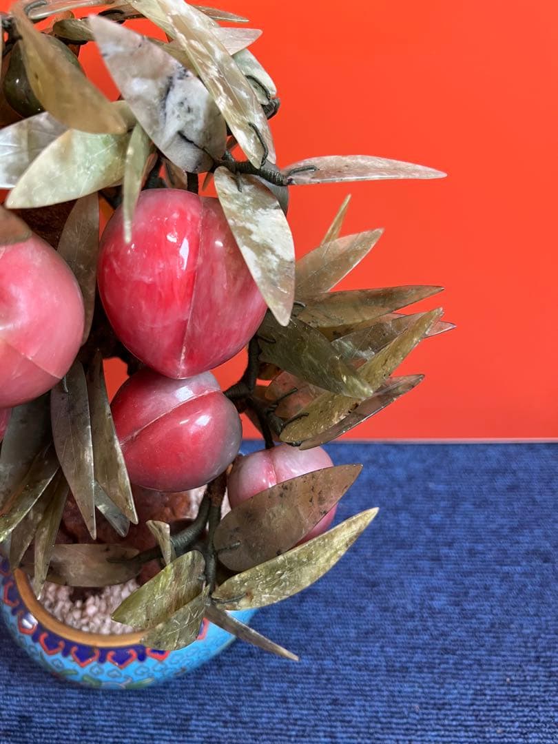 1184 中国美術　桃樹玉石　桃木玉石盆栽　景泰藍　石細工彫刻　置物