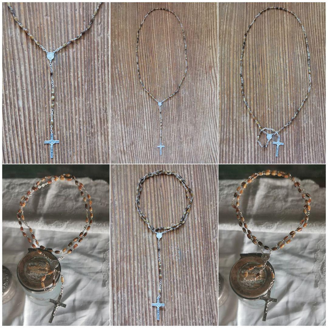 アンティーク ベルギーイタリア セピアマーブルガラス 聖母子のネックレスロザリオ