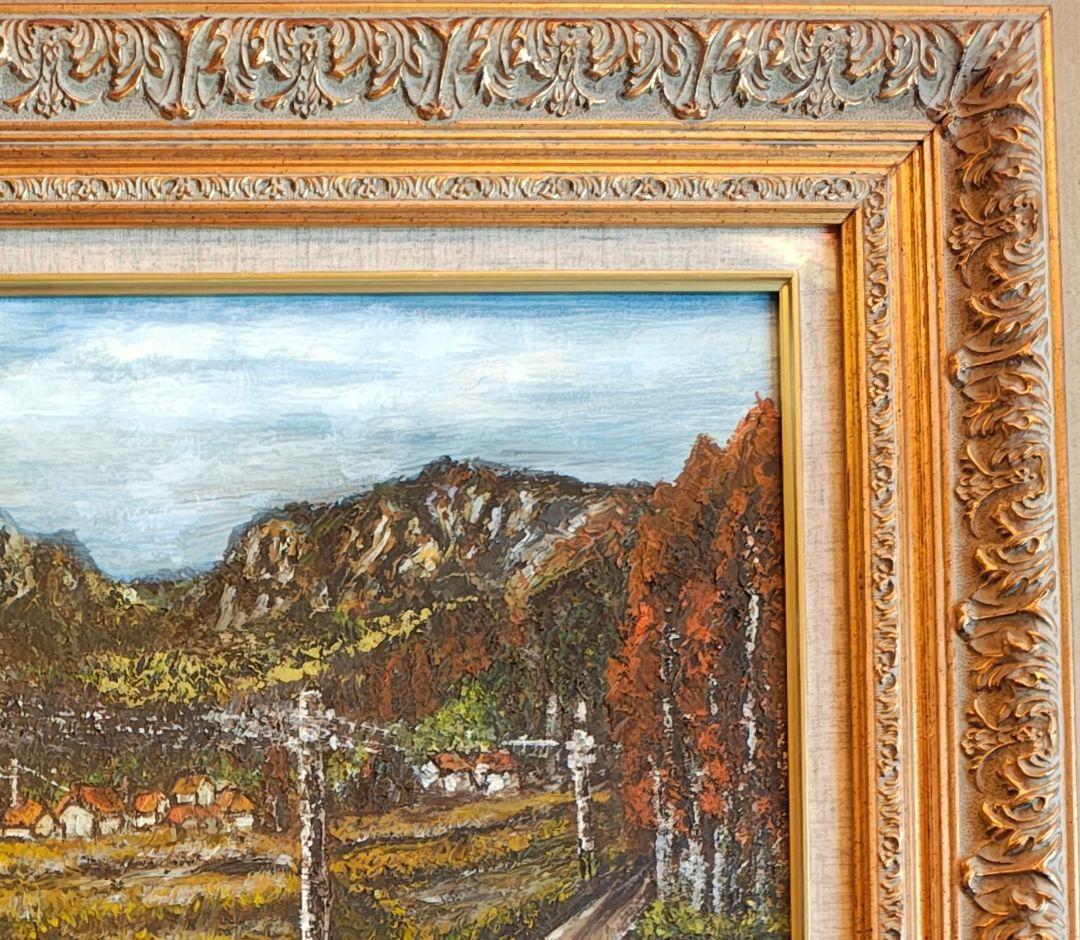 【F12号】大型 油絵 風景画 額縁入り バス停 山道 アンティーク 肉筆
