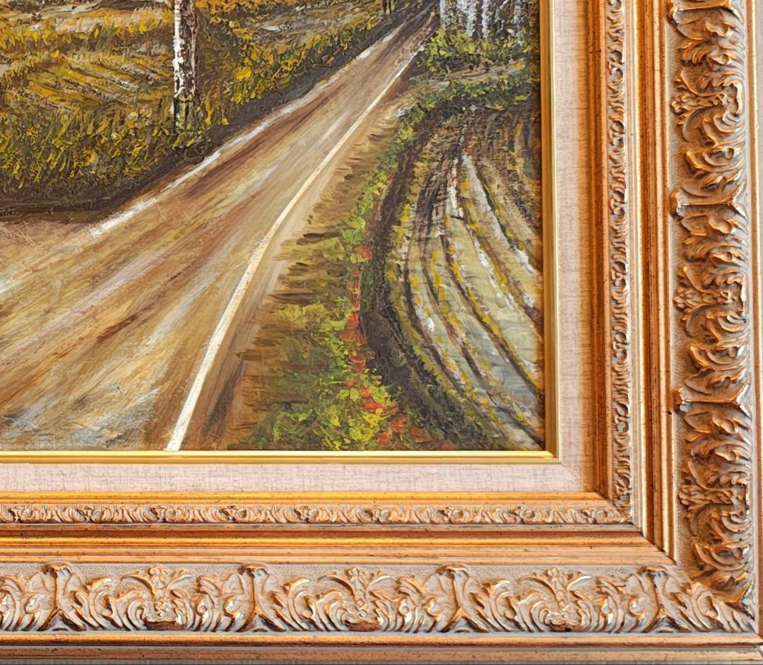 【F12号】大型 油絵 風景画 額縁入り バス停 山道 アンティーク 肉筆