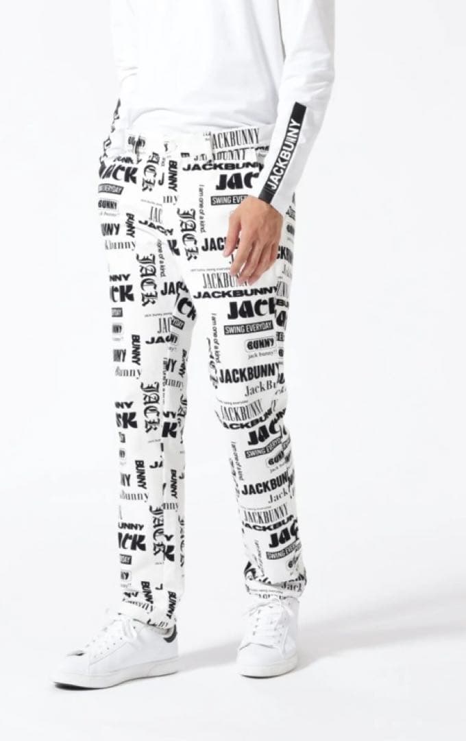 新品 パーリーゲイツ ジャックバニー ツイル 総柄テーパードパンツ(4)M/白