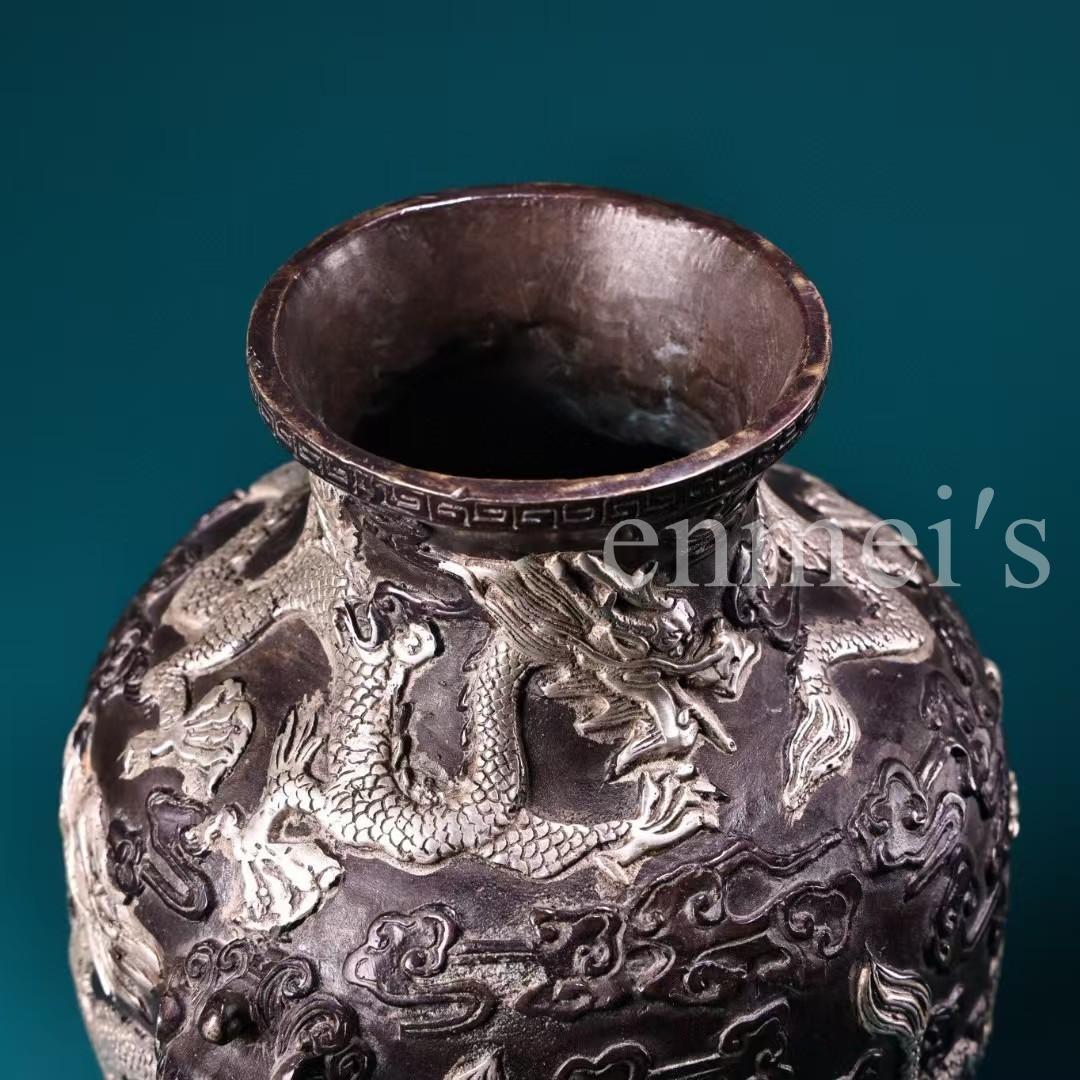 中国古美術・旧蔵・純銅鎏銀盤龍の花瓶・鏨刻・置物・純手彫り・禮品・文房具・賞物